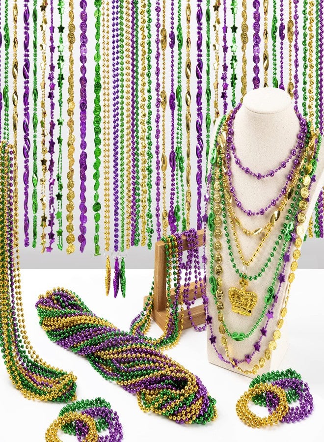 EOBOH 48PCS Mardi Gras Beads, Metallic Mardi Gras Beads Necklace, 10 Kinds Green Purple Gold Necklaces Bulks, Coins Mask Bead Necklace Costumes, Festival Carnivals Events Parade Throws Party Accessories - Image 4